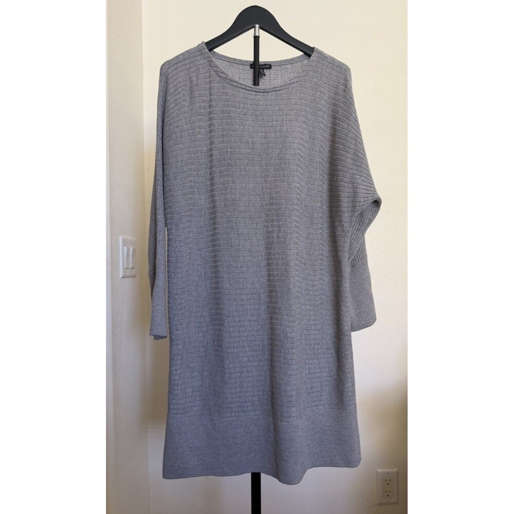Eileen Fisher Gray Merino Wool Knit Ribbed Boat Neck Dolman Sweater Dress M